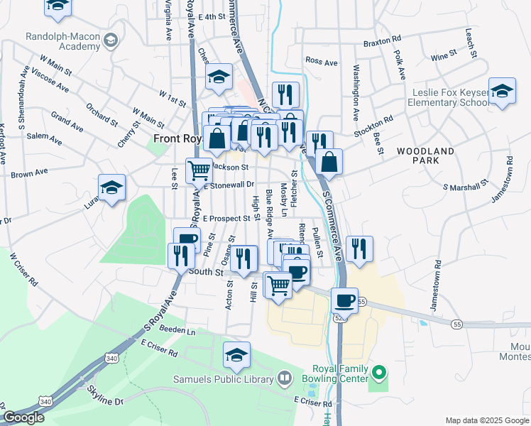 map of restaurants, bars, coffee shops, grocery stores, and more near 239 Blue Ridge Avenue in Front Royal