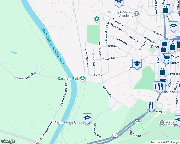 map of restaurants, bars, coffee shops, grocery stores, and more near 425 Cherrydale Avenue in Front Royal