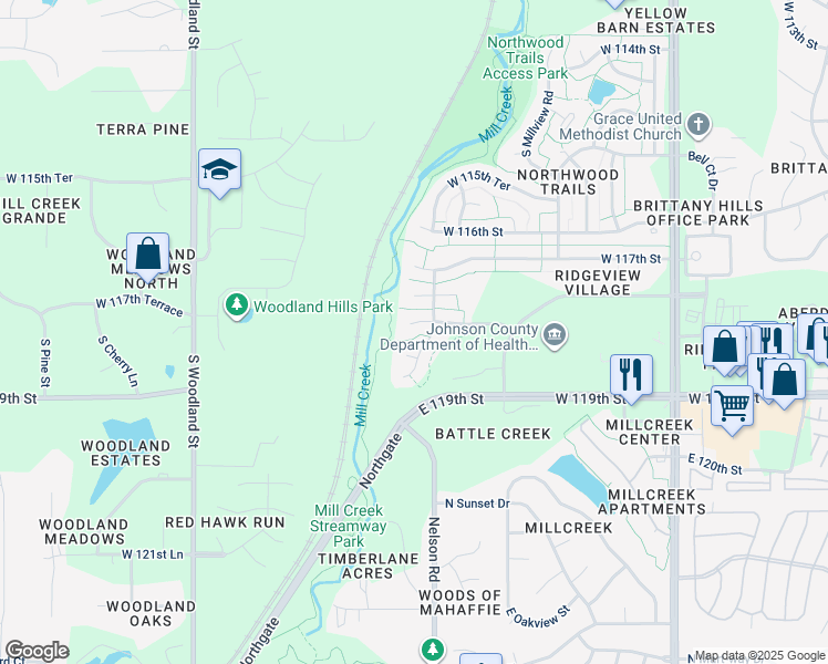 map of restaurants, bars, coffee shops, grocery stores, and more near 18981 West 118th Street in Olathe