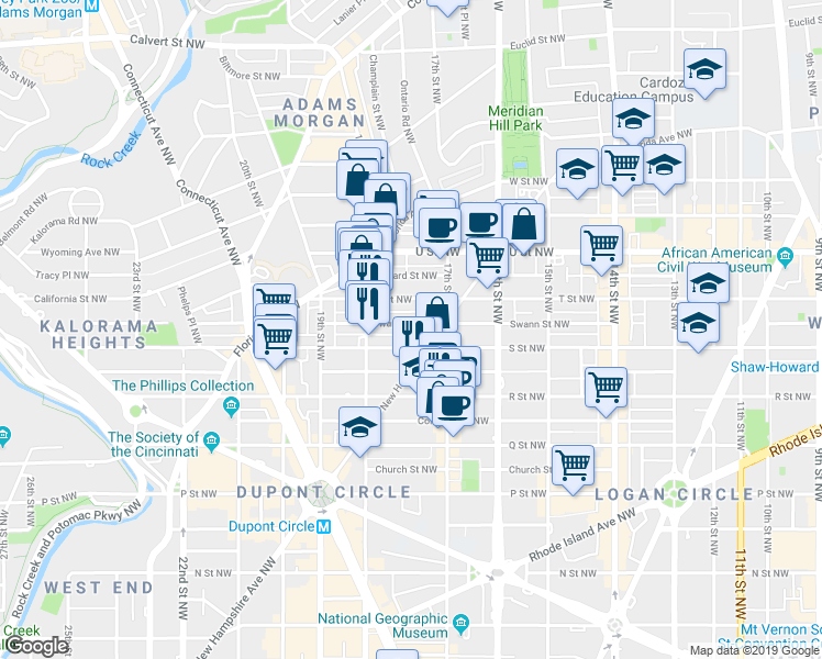 map of restaurants, bars, coffee shops, grocery stores, and more near 1714 Swann Street Northwest in Washington