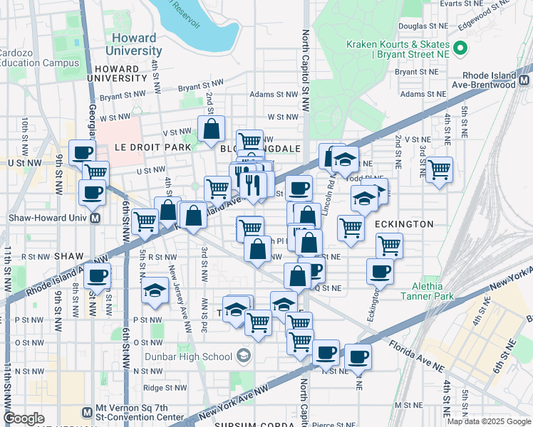 map of restaurants, bars, coffee shops, grocery stores, and more near 74 Seaton Place Northwest in Washington