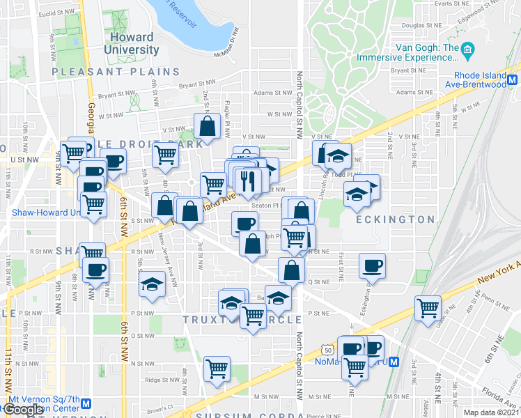 map of restaurants, bars, coffee shops, grocery stores, and more near 76 Seaton Place Northwest in Washington