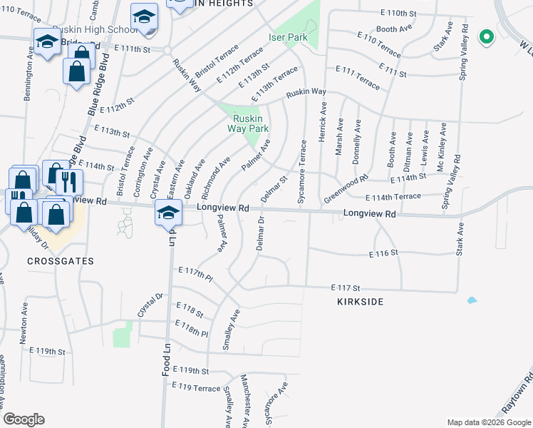map of restaurants, bars, coffee shops, grocery stores, and more near 11501 Delmar Street in Kansas City