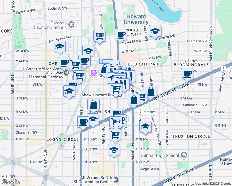 map of restaurants, bars, coffee shops, grocery stores, and more near 1840 7th Street Northwest in Washington