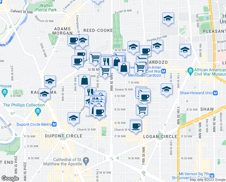 map of restaurants, bars, coffee shops, grocery stores, and more near 1813 16th Street Northwest in Washington