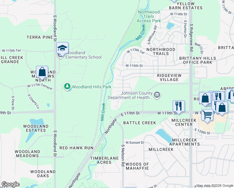 map of restaurants, bars, coffee shops, grocery stores, and more near 18981 West 118th Street in Olathe