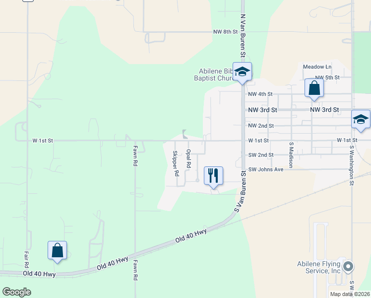 map of restaurants, bars, coffee shops, grocery stores, and more near 104 Westwood Drive in Abilene