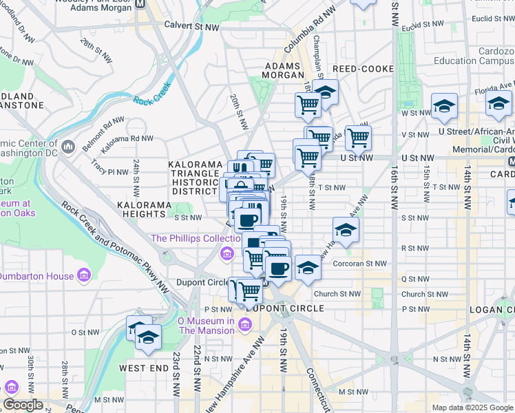map of restaurants, bars, coffee shops, grocery stores, and more near 2001 S Street Northwest in Washington
