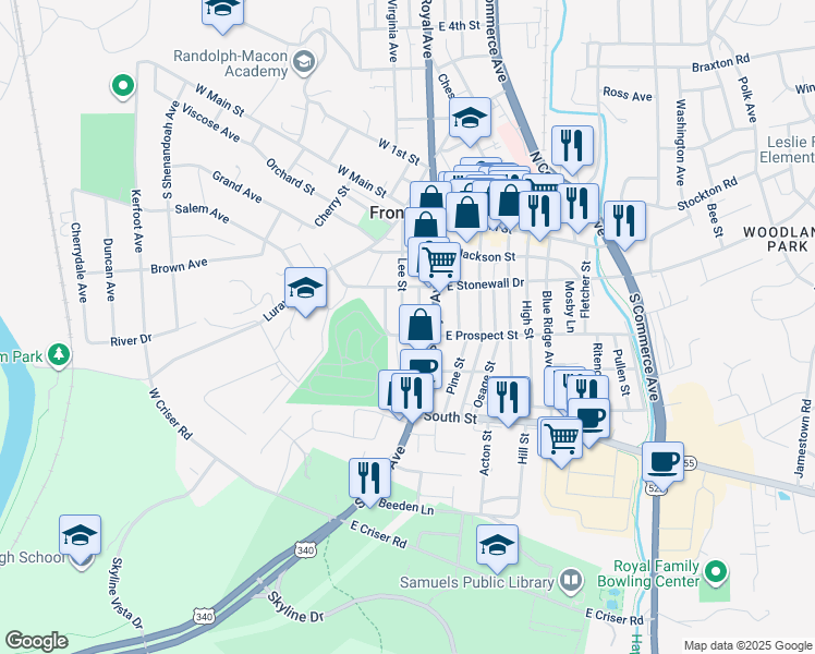 map of restaurants, bars, coffee shops, grocery stores, and more near 234 Lee Street in Front Royal