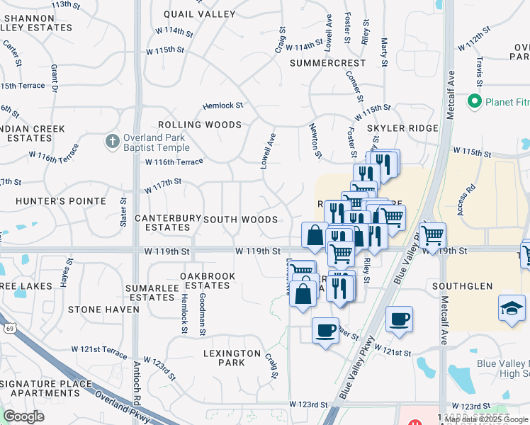 map of restaurants, bars, coffee shops, grocery stores, and more near 7921 West 118th Street in Overland Park
