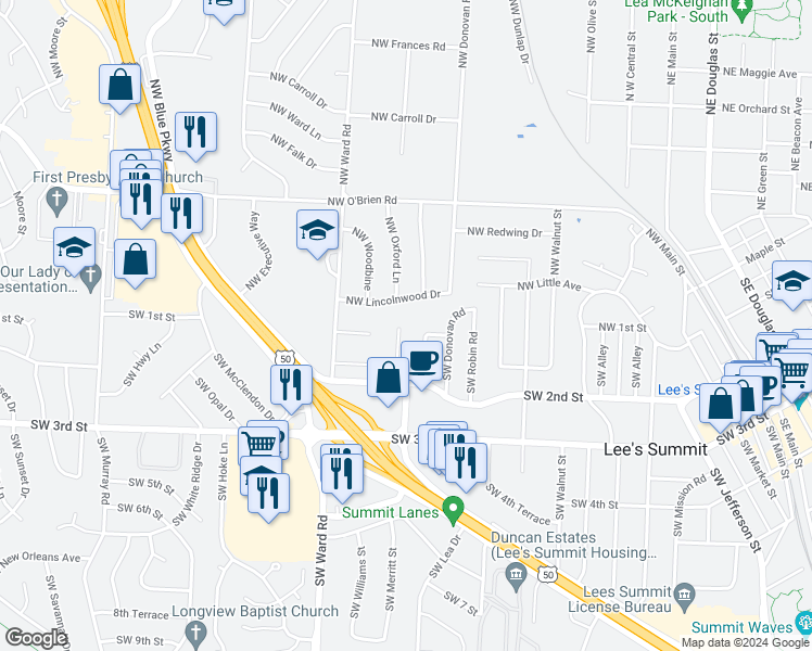 map of restaurants, bars, coffee shops, grocery stores, and more near 103 Southwest Oxford Place in Lee's Summit