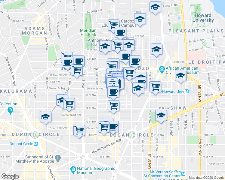 map of restaurants, bars, coffee shops, grocery stores, and more near 1816 14th Street Northwest in Washington