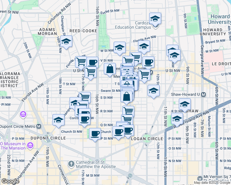 map of restaurants, bars, coffee shops, grocery stores, and more near 1446 Swann Street Northwest in Washington