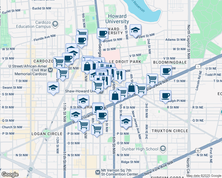 map of restaurants, bars, coffee shops, grocery stores, and more near 1814 6th Street Northwest in Washington