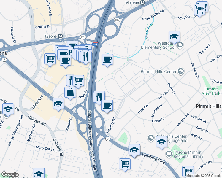 map of restaurants, bars, coffee shops, grocery stores, and more near 1923 Wilson Lane in McLean