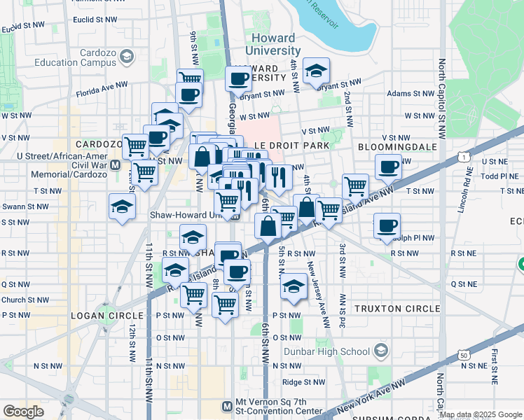 map of restaurants, bars, coffee shops, grocery stores, and more near 1814 6th Street Northwest in Washington