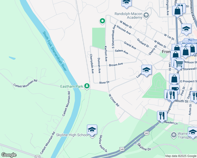 map of restaurants, bars, coffee shops, grocery stores, and more near 424 Duncan Avenue in Front Royal