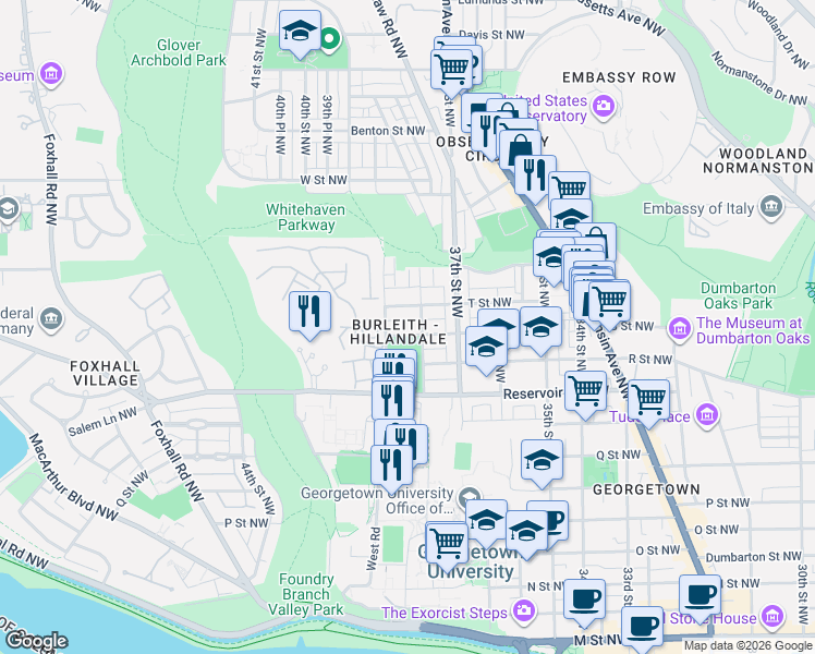 map of restaurants, bars, coffee shops, grocery stores, and more near 3813 S Street Northwest in Washington