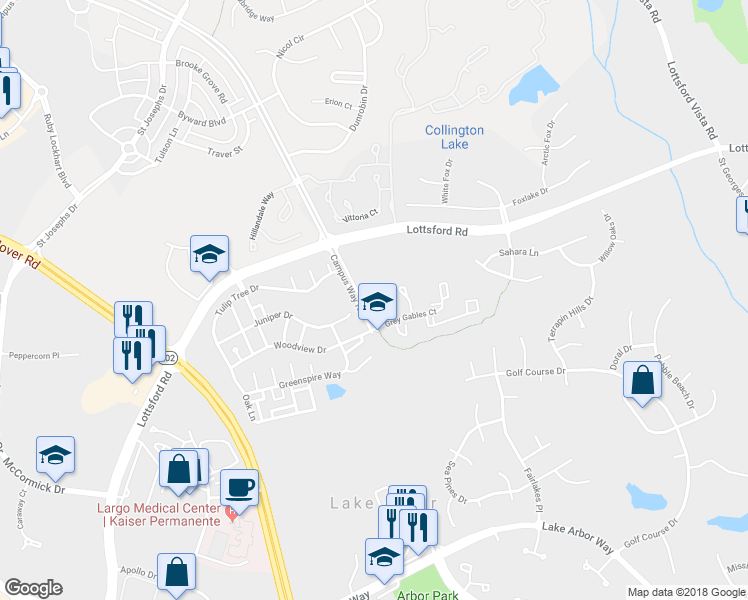 map of restaurants, bars, coffee shops, grocery stores, and more near 1835 Thamesmead Ct in Bowie