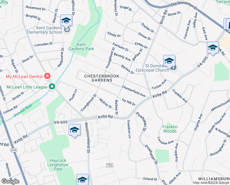 map of restaurants, bars, coffee shops, grocery stores, and more near 6528 Ivy Hill Drive in McLean