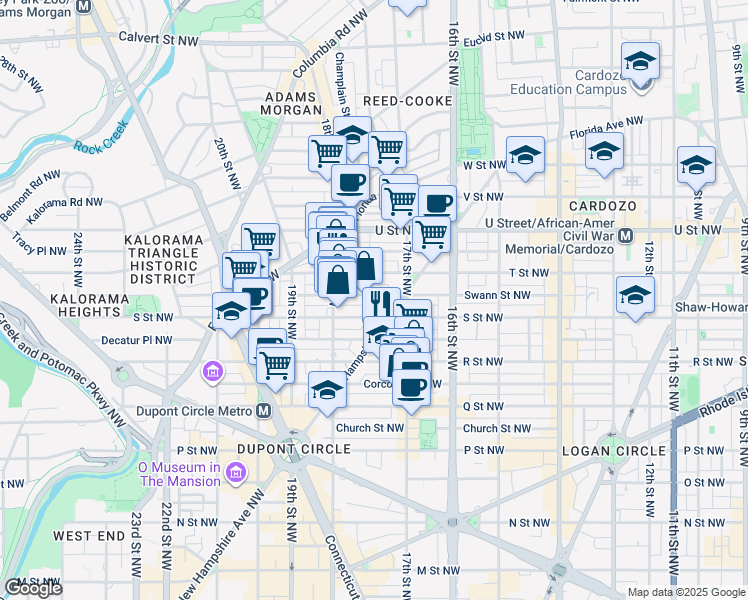 map of restaurants, bars, coffee shops, grocery stores, and more near 1714 Swann Street Northwest in Washington