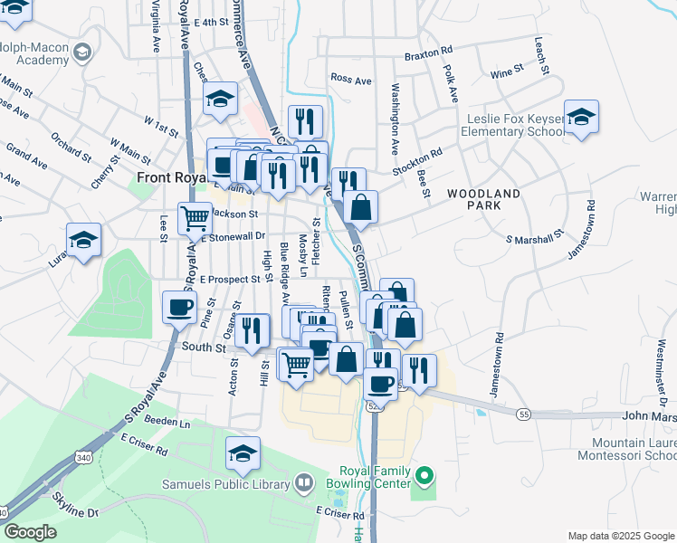 map of restaurants, bars, coffee shops, grocery stores, and more near 554 East Prospect Street in Front Royal