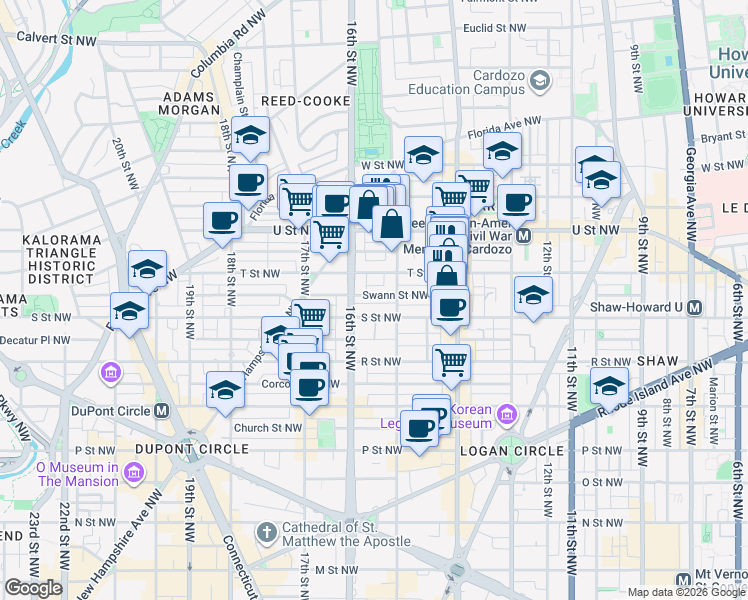 map of restaurants, bars, coffee shops, grocery stores, and more near 1522 Swann Street Northwest in Washington