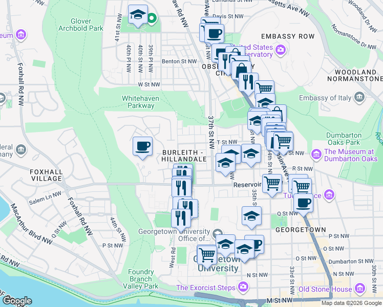 map of restaurants, bars, coffee shops, grocery stores, and more near 3805 S Street Northwest in Washington