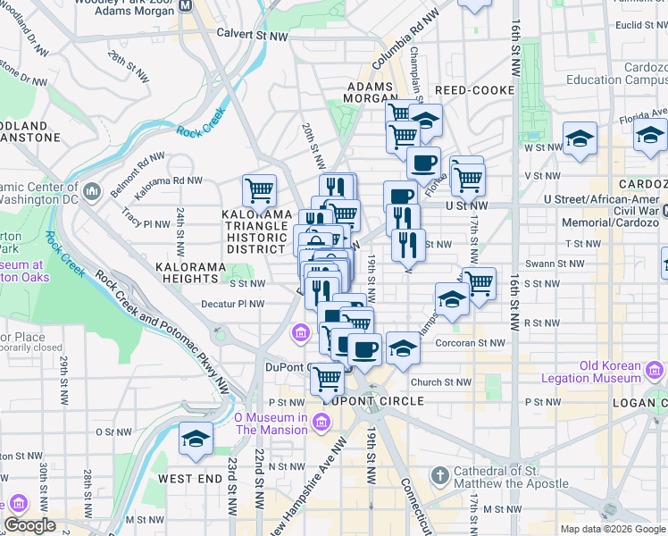 map of restaurants, bars, coffee shops, grocery stores, and more near 2000 Florida Avenue Northwest in Washington