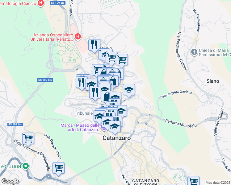 map of restaurants, bars, coffee shops, grocery stores, and more near 45 Via Alcide de Gasperi in Catanzaro