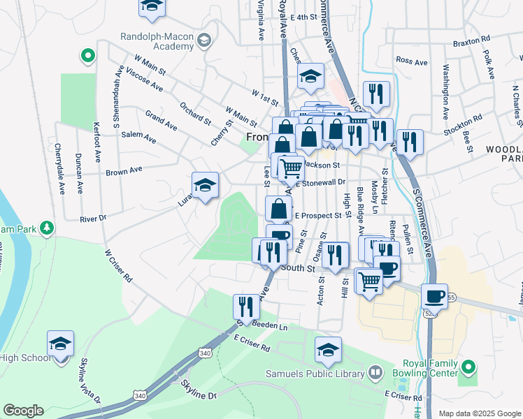 map of restaurants, bars, coffee shops, grocery stores, and more near 233 Lee Street in Front Royal