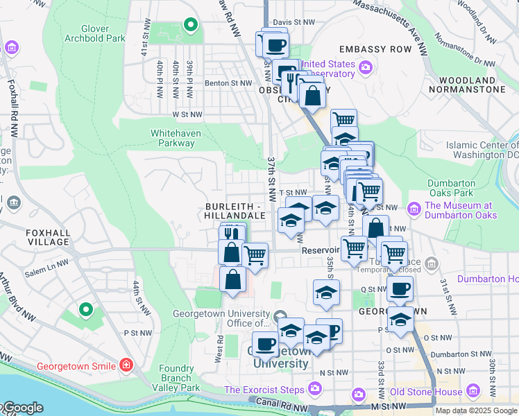 map of restaurants, bars, coffee shops, grocery stores, and more near 3711 S Street NW in Washington