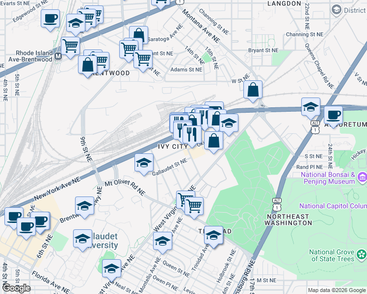 map of restaurants, bars, coffee shops, grocery stores, and more near 2000 Fenwick Street Northeast in Washington
