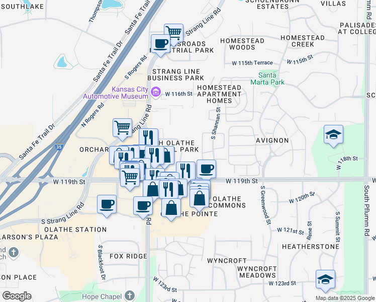 map of restaurants, bars, coffee shops, grocery stores, and more near 14808 West 117th Street in Olathe