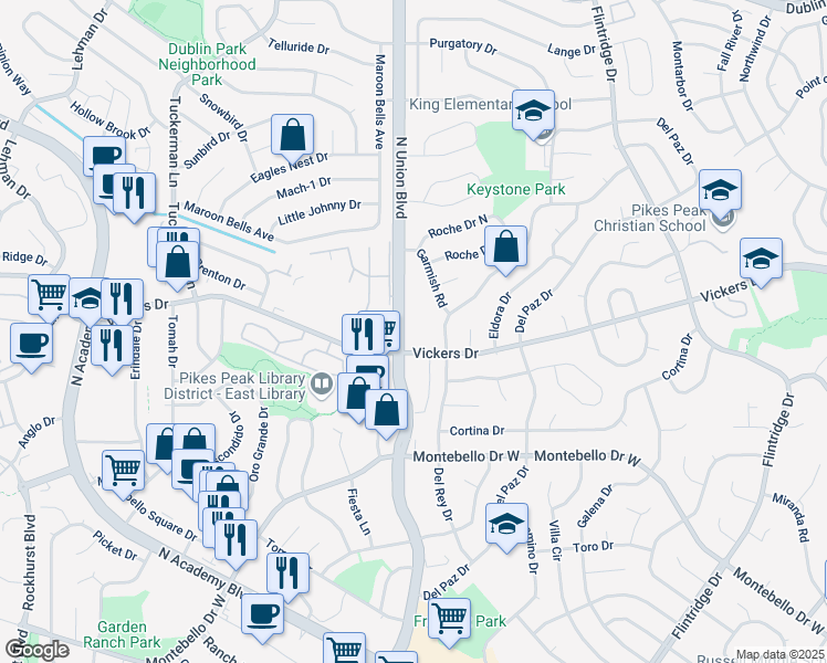 map of restaurants, bars, coffee shops, grocery stores, and more near 2842 Vickers Drive in Colorado Springs
