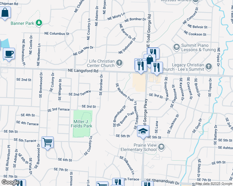 map of restaurants, bars, coffee shops, grocery stores, and more near 208 Southeast Winburn Trail in Lee's Summit