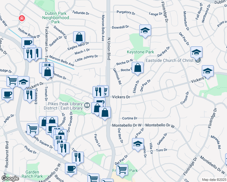 map of restaurants, bars, coffee shops, grocery stores, and more near 2842 Vickers Drive in Colorado Springs