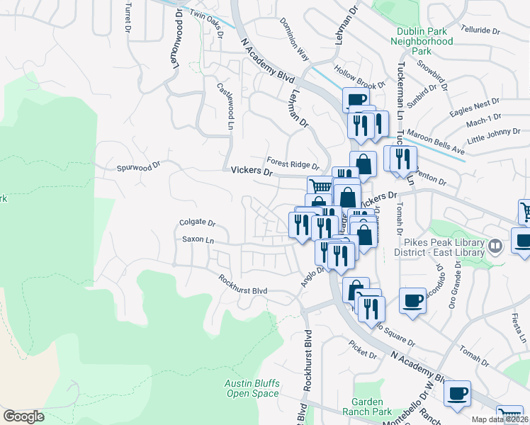 map of restaurants, bars, coffee shops, grocery stores, and more near 2090 Furman Point in Colorado Springs