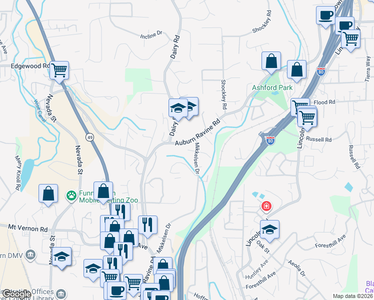 map of restaurants, bars, coffee shops, grocery stores, and more near 130 Karla Way in Auburn