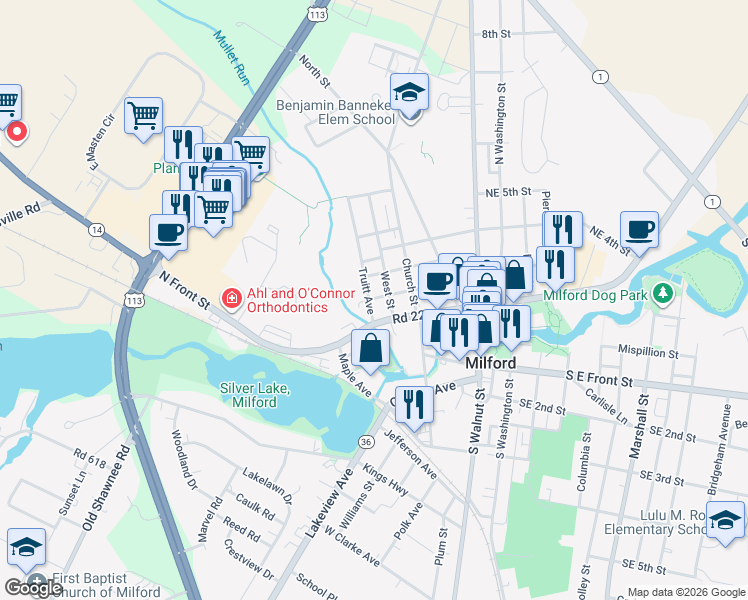 map of restaurants, bars, coffee shops, grocery stores, and more near 112 Truitt Avenue in Milford