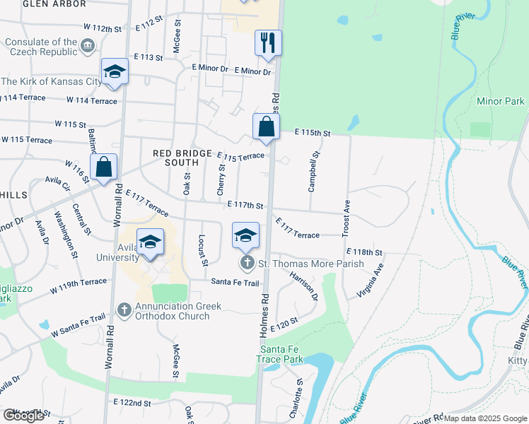 map of restaurants, bars, coffee shops, grocery stores, and more near 11701 Holmes Road in Kansas City