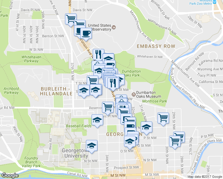 map of restaurants, bars, coffee shops, grocery stores, and more near Wisconsin Ave NW & S St NW in Washington