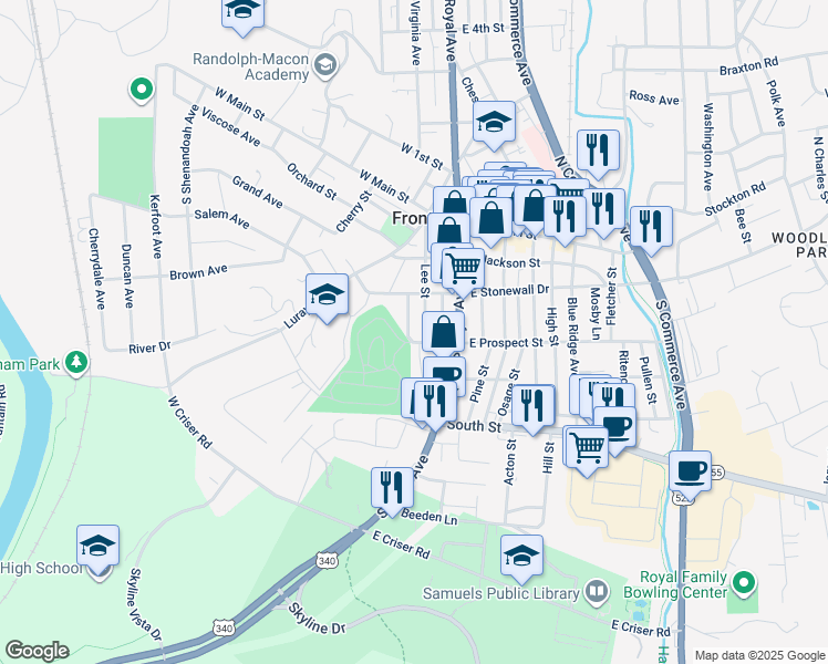 map of restaurants, bars, coffee shops, grocery stores, and more near 233 Lee Street in Front Royal