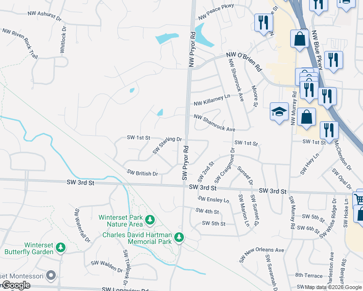 map of restaurants, bars, coffee shops, grocery stores, and more near 104 Southwest Tess Court in Lee's Summit