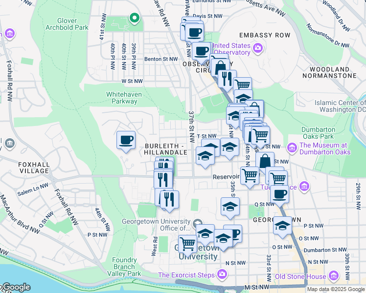 map of restaurants, bars, coffee shops, grocery stores, and more near 3711 S Street NW in Washington