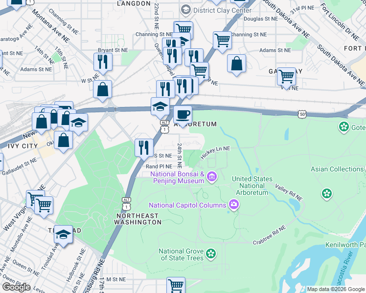 map of restaurants, bars, coffee shops, grocery stores, and more near 1811 24th Street Northeast in Washington
