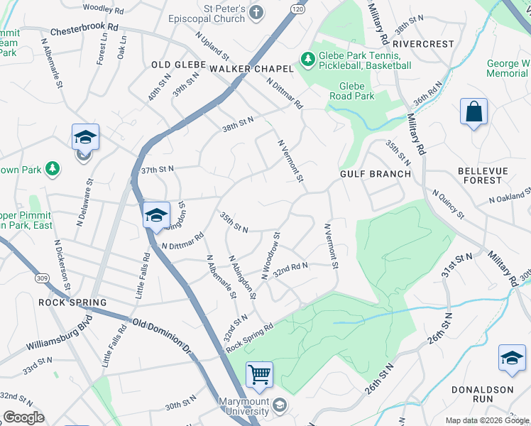 map of restaurants, bars, coffee shops, grocery stores, and more near 3532 North Valley Street in Arlington