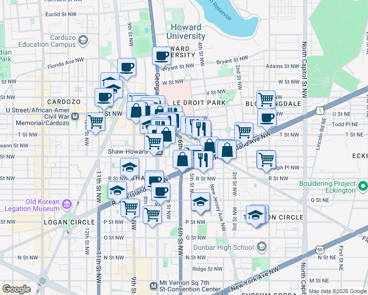 map of restaurants, bars, coffee shops, grocery stores, and more near 101 Independence Avenue Southeast in Washington