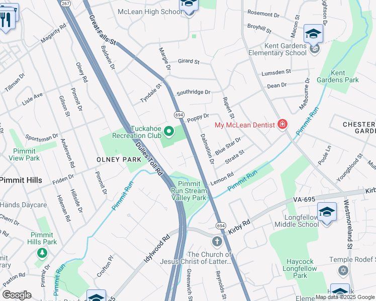 map of restaurants, bars, coffee shops, grocery stores, and more near 1830 Great Falls Street in McLean