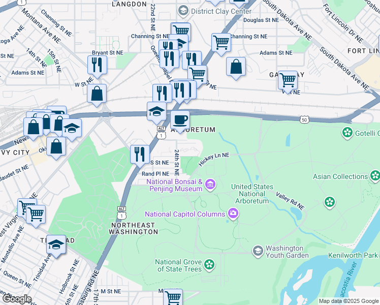 map of restaurants, bars, coffee shops, grocery stores, and more near 1811 24th Street Northeast in Washington